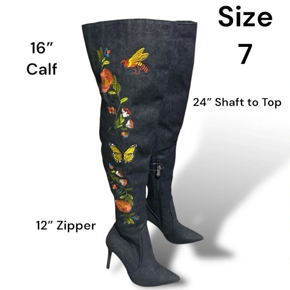 Vintage Denim Over the Knee Slouchy Boot Embroidered Butterflies Point Toe Size7